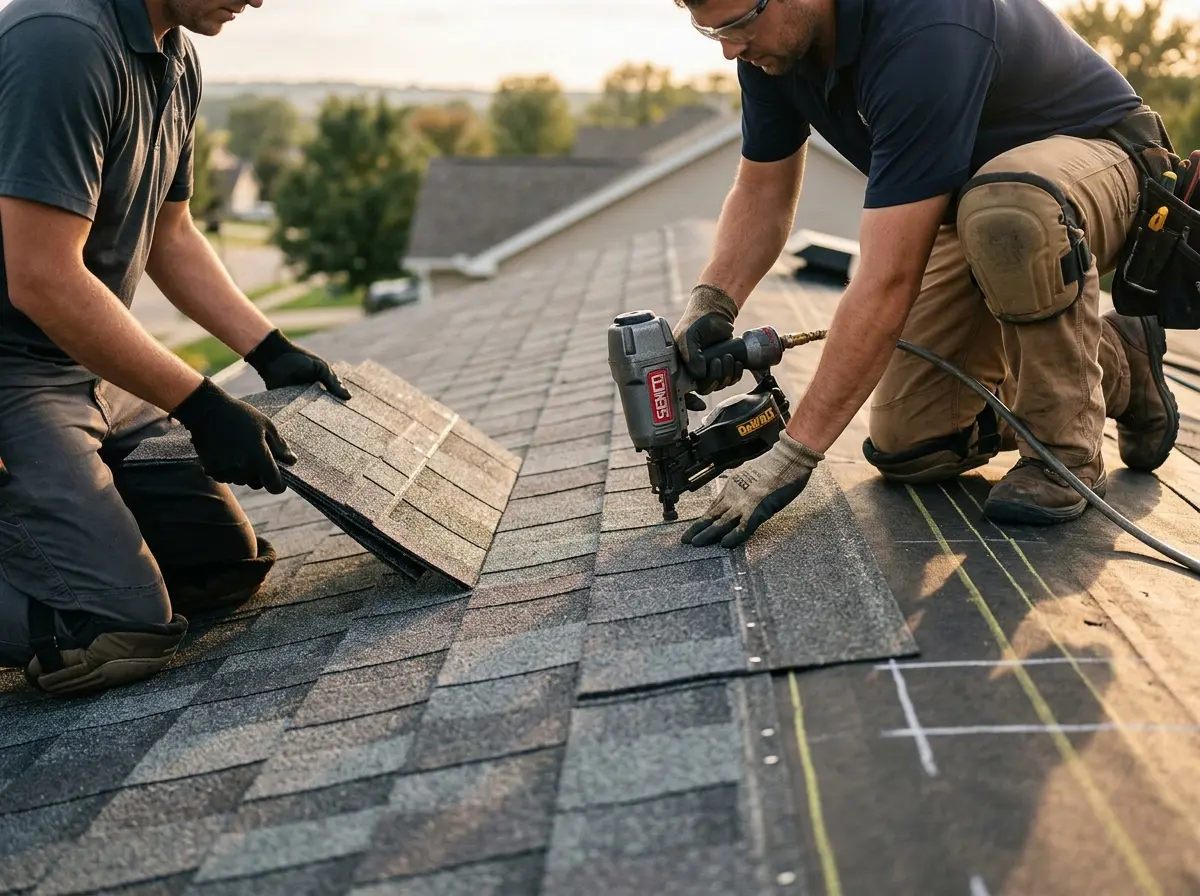 Professional roofer working on a residential roof in Wayne